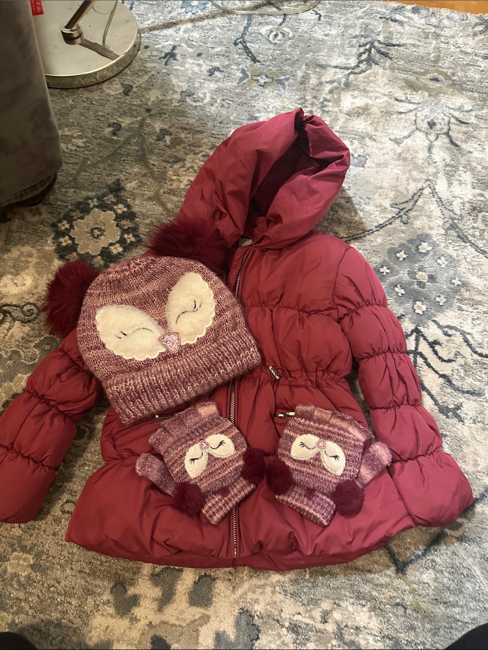 Girls' Rose Pink Puffer Coat with Matching Owl Knit Hat & Mittens Set